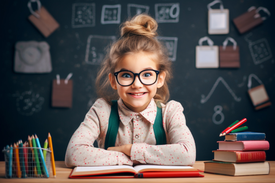 little girl in front of chalkboard sitting at desk with book