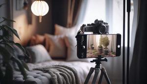 modern bedroom with photographer equipment and tripod ,generative ai